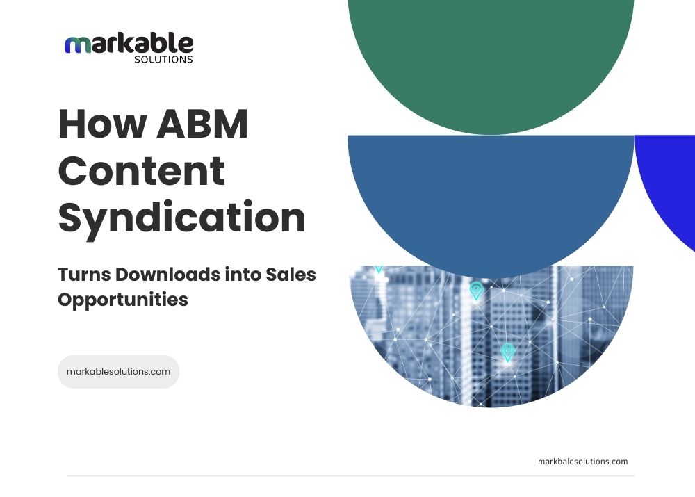 Illustration showing how ABM content syndication converts content downloads into qualified sales opportunities through targeted B2B lead generation and nurturing.
