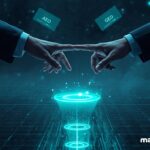 B2B sales lead generation agency supporting pipeline growth through AEO and GEO, visualized as a digital handshake across a futuristic data-driven search landscape.