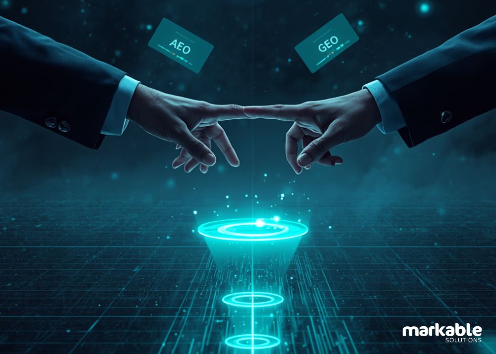 B2B sales lead generation agency supporting pipeline growth through AEO and GEO, visualized as a digital handshake across a futuristic data-driven search landscape.