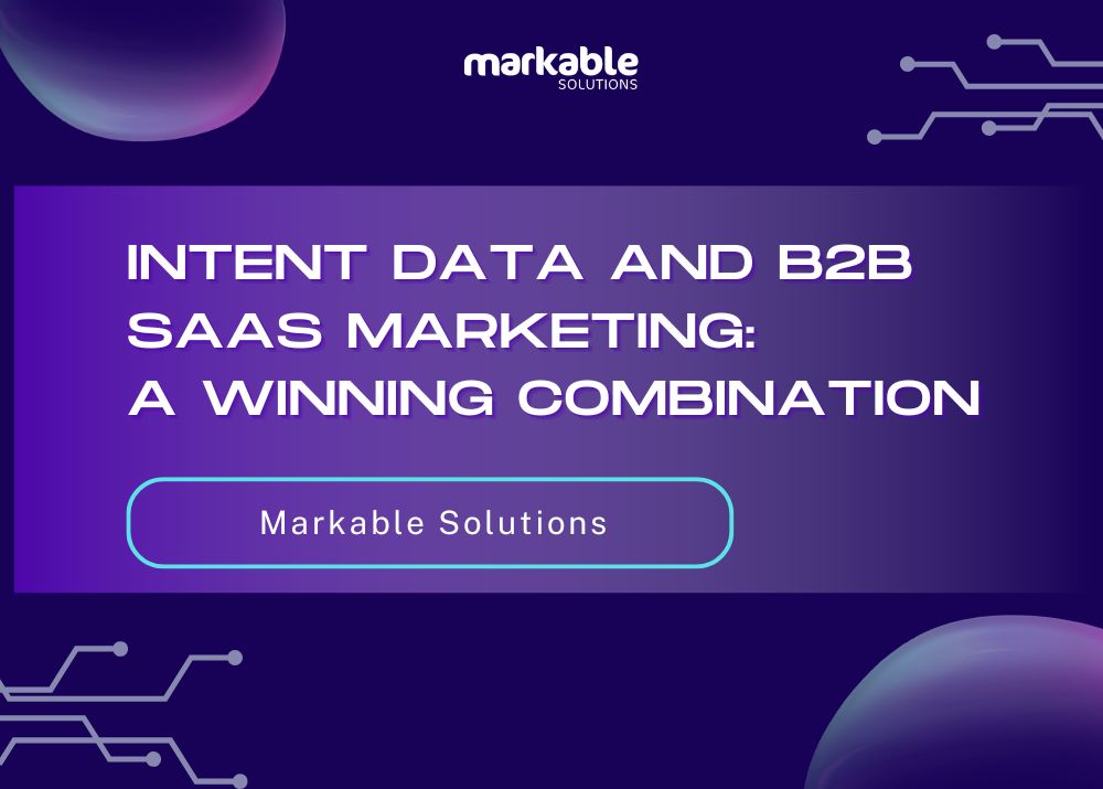 Illustration of B2B SaaS marketing strategy using intent data, showing buyer behavior insights, lead scoring, audience targeting, analytics dashboards, and data-driven marketing campaigns to improve lead generation and conversions