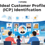 Illustration of ICP identification showing a business team analyzing customer data, audience segments, and buyer personas to identify the right target customers while filtering out unqualified leads.