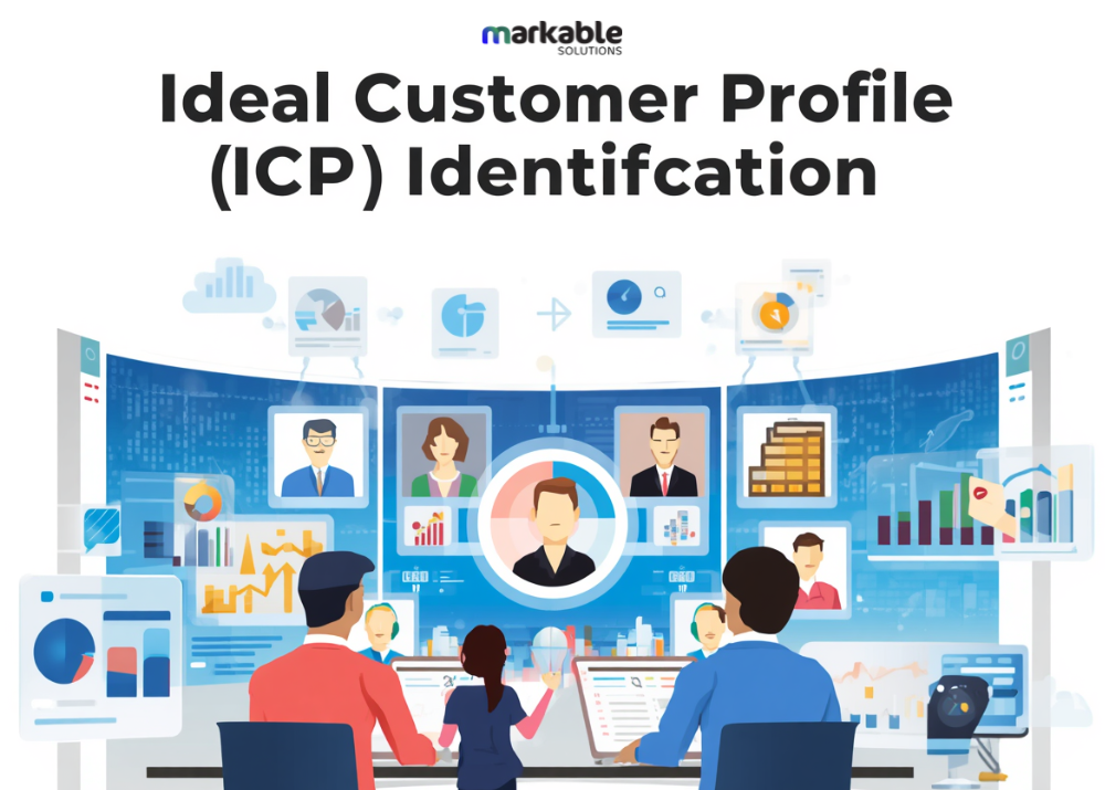 Illustration of ICP identification showing a business team analyzing customer data, audience segments, and buyer personas to identify the right target customers while filtering out unqualified leads.